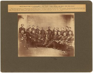 Turn of the 20th century 8.5 x 6.5 mounted photograph of General Sherman and his staff, taken in May 1865. The gelatin silver print, dark mount and text in the label date the photo to after the 1860s..   