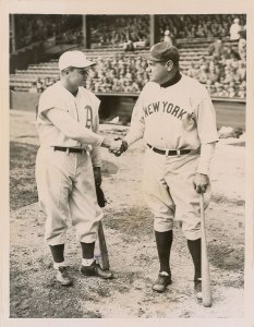 Original International News Photos photo of the baseball legends shaking hands before the 1934 season opener.   Stamps and paper caption on back.